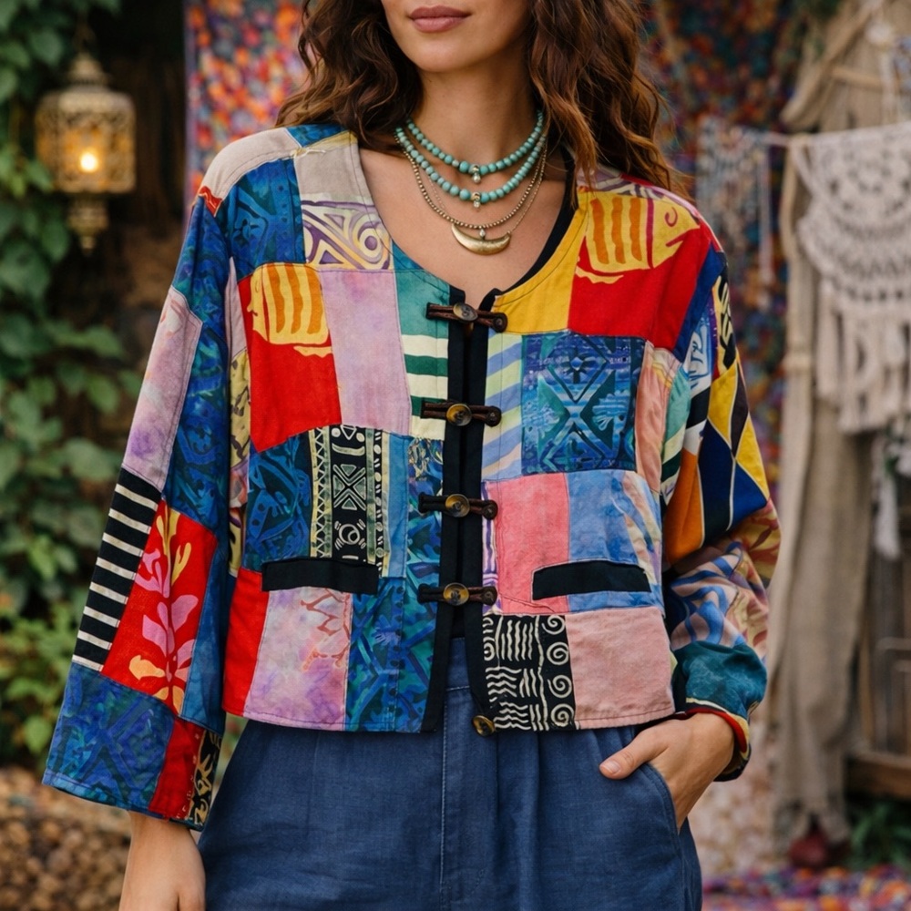 Womens Handmade Quilted Patchwork Jacket Sz S/M Colorful Boho‎ Batik Art to Wear